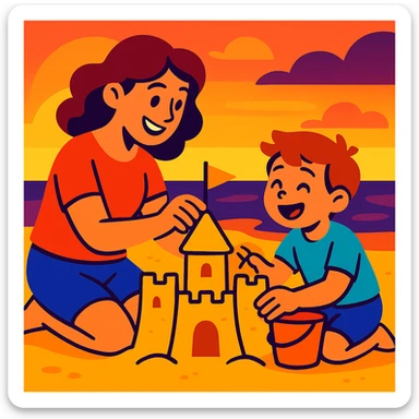 Cartoonish mother and son building a sandcastle together at sunset, playful and joyful sticker