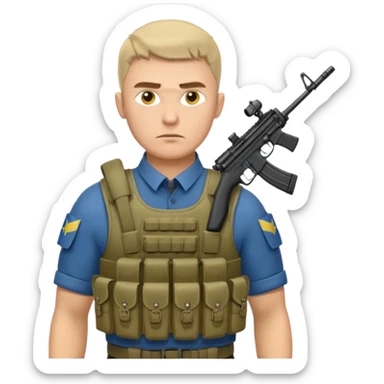 Ukrainian intelligance agency warrior man in platecarrier with nato riffle and ukrainian gerb sticker