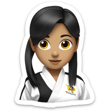 girl with black hair wearing a taekwondo dobok with white belt sticker