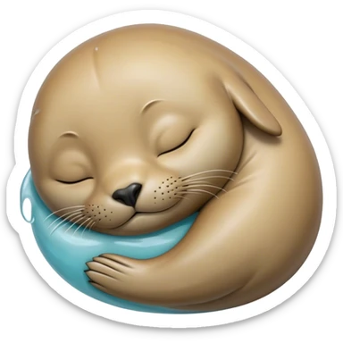 Meme-Worthy cute Sleeping Seal Portrait Emoji, Head resting peacefully with a contented smile, showcasing a luxuriously smooth, glossy form and eyes gently closed in serene slumber, Simplified yet hilariously adorable features, highly detailed, glowing with a soft, drowsy ocean light, high shine, relaxed and utterly lovable, stylized with an air of playful laziness, bright and heartwarming, soft glowing outline, capturing the essence of a sleeping seal that feels destined to become the next viral sensation of adorable rest! sticker