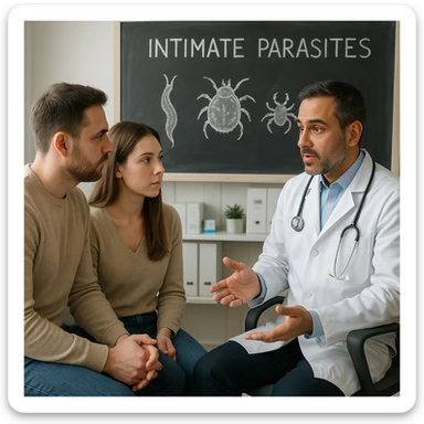 realistic image of a doctor explaining the problem of intimate parasites to a man and a woman, with a diagram or chalkboard showing parasites, medical setting, respectful and educational tone sticker