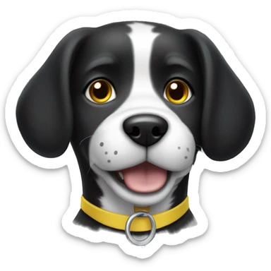 Black and white dog with one slightly floppy ear, and one year higher. She has a yellow collar with a round tag. Her mouth is closed. sticker