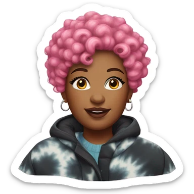 Plus size black woman with pink curly pixie cut hair and a tie dye winter coat  sticker