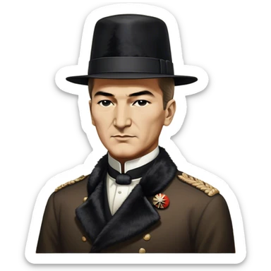 ​Cinematic Realistic Portrait of a Young Mustafa Kemal Atatürk, depicted wearing an iconic tall black fur hat along with traditional attire, his confident, visionary expression illuminated by warm, inspiring lighting, rendered with rich historical textures that capture his youthful dynamism and transformative leadership, sticker