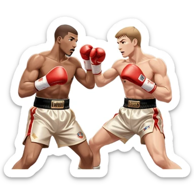 Two professional boxers in the ring, fighting for the world champion title. One delivers a long punch to the head, while the other skillfully dodges. The background features a crowded arena with bright lights and intense action. Transparent background sticker