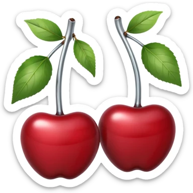 A pair of cherries emoji made of polished silver chrome, smooth rounded shapes, glossy metallic finish, soft highlights and reflections, cute proportions, iOS emoji style, centered, clean white background, no text sticker