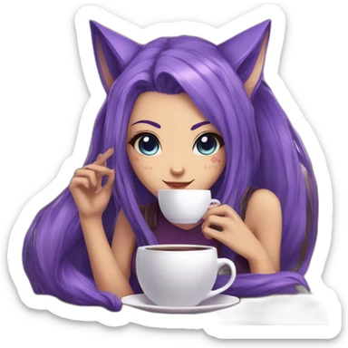 Purple haired anime fox girl with one eye blue and the other purple, drinking coffe sticker