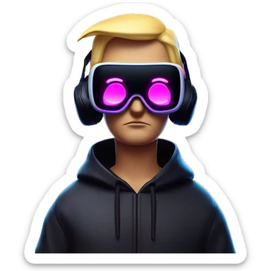 Donald Trump wearing a black hoodie with "OMG" letters on it and VR headset oculus quest 2 in a cyberpunk VR environment with violet neon lighting. sticker