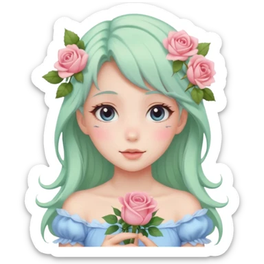 gorgeous pastel anime style lady with blushing face and roses cottagecore fairy sticker