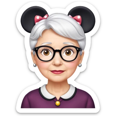 Older woman Hazel eyes short White hair wearing glasses Minnie mouse ears sticker