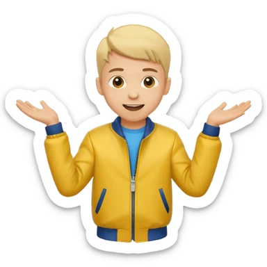 excited boy with good hair cut shrugging his shoulder, wearing yellow jacket and smile sticker