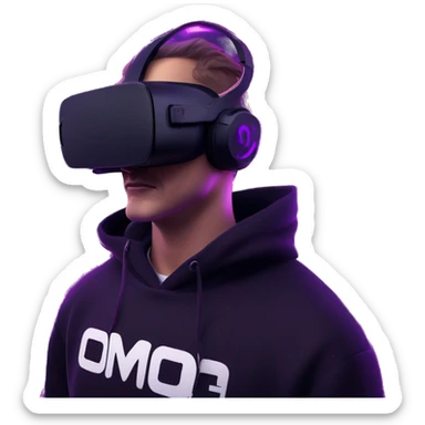 Russian man wearing a black hoodie with "OMG" letters on it and VR headset in a cyberpunk VR environment with violet neon lighting. sticker