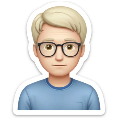 A realistic adult male character with pale skin, soft features, slightly shy expression, slim build, subtle blushing, wearing casual nerdy clothes, standing timidly, styled in a mature, clean, semi-realistic emoji style with soft shading, readable at small icon size sticker