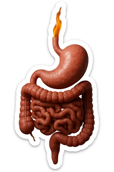 intestino e stomaco sono collegati, con una fiamma che brucia sopra, iperrealistico 4k, non disegnato sticker