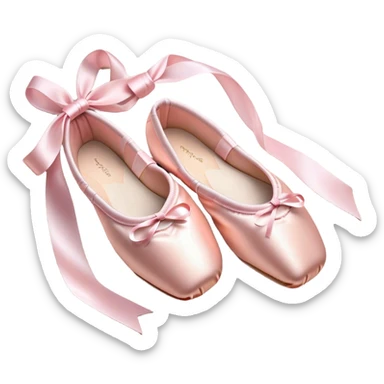 Cinematic Realistic Ballet Shoes, soft satin pink pointe shoes with delicate ribbons, resting gently on a polished wooden floor, subtle creases in the fabric, glowing under the warm golden light of a rehearsal studio, evoking elegance and grace. sticker