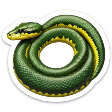 A photo-realistic top-down view of a Green Anaconda tightly coiled in a spiral, with its broad, flat head resting at the center. Its olive-green body is thick and muscular, patterned with symmetrical, bold black oval spots that flow along its smooth, glossy scales, that are camoflaged sticker