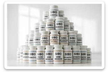 montagna di barattoli di integratori contro la SIBO con etichette in italiano sticker