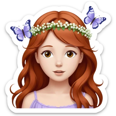 Woman with long flowing auburn hair wearing a flower crown with pale lavender flowers and white baby's breath in it and butterflies flying around it sticker
