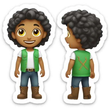 Un niño con el pelo rizado y moreno, con los ojos verdes y una sonrisa que le falta un diente tiene varias pecas por la cara y va vestido con un peto vaquero y una camiseta por dentro del peto, de color blanca. sticker