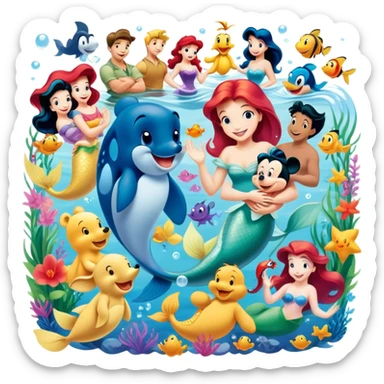 Icon for Animated Characters: A colorful, large-scale collage of beloved cartoon characters, including Franco, Mickey Mouse, Winnie-the-Pooh, Ariel the Little Mermaid, Jasmine and others. Bright and vibrant, full of whimsical charm. Transparent background. sticker