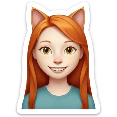 traditional emoji of young girl with very pale skin, long straight bright ginger red hair, cat-like almond-shaped eyes that are angled upward, wide flat nose, big smile with very large prominent teeth showing, classic round face sticker
