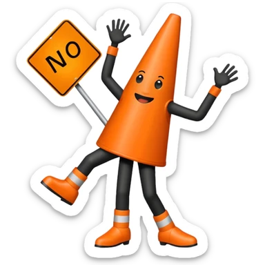orange traffic cone with three legs dancing with sign in his hand saying “no ai” sticker