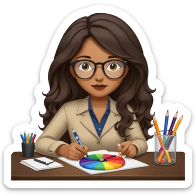 female dark wavy long hair graphic designer , color wheel, pens, papers , desktop sticker