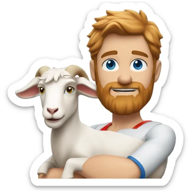 Man holding a goat, redish hair redish scruffy beard, blue eyes, wearing a superman outfit sticker