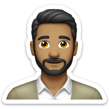 Recreate a young man with straight dark brown hair styled forward, a trimmed beard and mustache, light olive skin, and a white open-collar shirt. He wears a small earring in his left ear and has a calm, friendly expression sticker