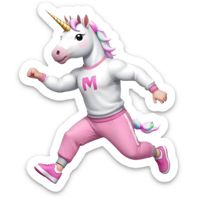 friendly anthropomorphised male white unicorn with a fit, chunky, muscular and strong physique, arms and legs matching the white of the head, wearing grey tracksuit pants and pink jumper, sunglasses, jumping for joy sticker