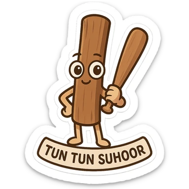 Chibi emoji of a wooden stick character (Tun Tun Suhoor), smooth brown stick body, big cartoon eyes and small smile on wood, human arms and legs, holding a wooden bat, funny and absurd meme energy, no text sticker