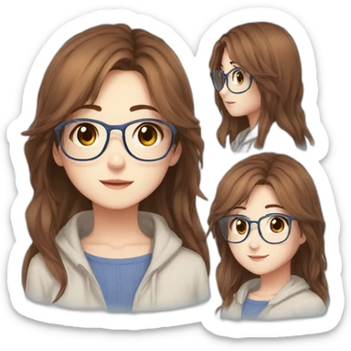 Girl with brown long hair blue glasses brown eyes freckles anime sticker