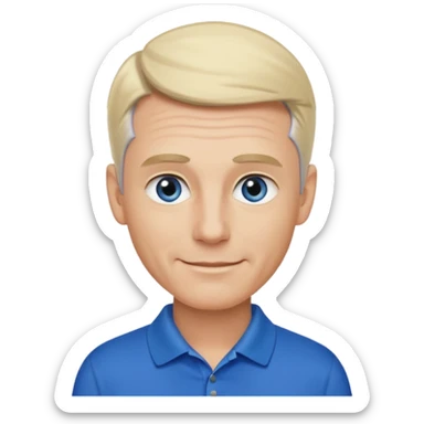 Avatar pic male gray hair blue eyes clean shaven blonde eyebrows high cheekbones sly smile long eyelashes wearing a black golf shirt sticker
