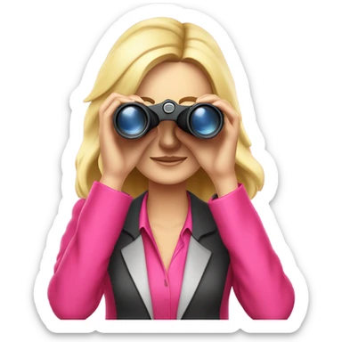 white female employee with pretty face and loose blonde hair wearing intensive color pink suit looking in binoculars. Upper-body only. Looking straight in front of camara sticker