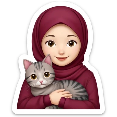 Asian White girl wearing cute maroon hijab holding a black grey tabby cat while smiling.  sticker