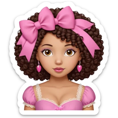 medium-light kinned afro-latina girl with medium length chocolate brown side part curly hair, brown eyes, pink sweetheart necklined top with lace, round wide-ish nose, chubby long shaped face, pink bow sticker