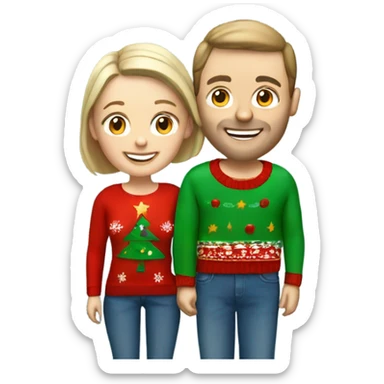 Happy white couple wearing Christmas jumper and blue jeans sticker