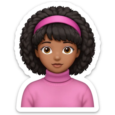 black fluffy haired girl with pink turtleneck sweater and hair band sticker