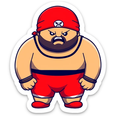 White skin fat guy with prominent black durag, shaved beard stubble, black eyes in a red and black wrestling singlet with angry face sticker