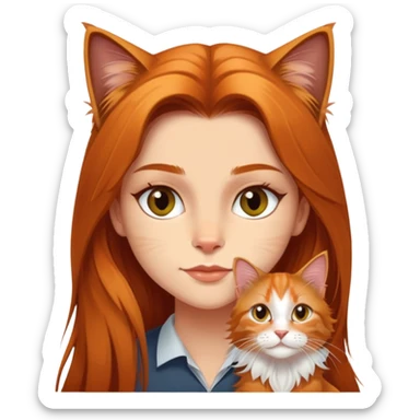 Une fille au cheveux long lisse et noir portant un chat type Maine coon de couleur roux  sticker