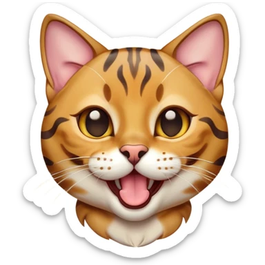 Cinematic Cute Bengal Cat Portrait Emoji, Head tilted playfully and yawning, sleek spotted brown and gold tones, Simplified yet adorable features, highly detailed, glowing with a warm, friendly glow, high shine, curious and affectionate, stylized with a touch of whimsy, bright and alert, soft glowing outline, capturing the essence of a mischievous yet loving kitten, so endearing it feels like it could leap out of the screen and stretch! sticker