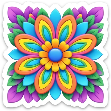 3D, psychedelic colored postcard with hippie style flower border sticker