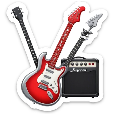 Create a bold and powerful emoji representing rock vocal performance in a humanless collage. The design should feature a vintage microphone at the center, surrounded by a heavy, aggressive hardcore electric guitar with sharp, jagged edges. Include crossed drumsticks behind the guitar, symbolizing the intense rhythm of rock music. Add fiery elements like flames or lightning bolts to enhance the raw energy of the design. Use dark, bold colors like black, red, and silver, with metallic or chrome accents to reflect the rebellious, hard-hitting nature of rock. The background should be transparent. sticker