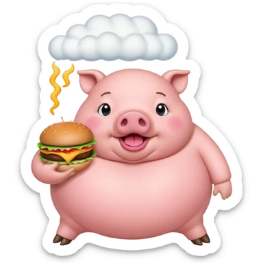 fat obese pig eating burger with fart cloud surrounding around it sticker