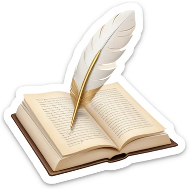 Create a delicate and elegant emoji representing poetry. The design should feature several gracefully flying pages with poetic lines or verses written on them. A white feather quill should be gently resting on one of the pages or floating nearby, symbolizing creativity and inspiration. The pages should look soft and flowing, evoking the fluid nature of poetry. Use a subtle color palette with white, light pastels, and a touch of gold for accents. Make the background transparent. sticker