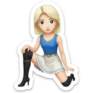 prince, upright, black Hair, blue eyes, garment,  Woman, bending knee, sleveless white dress, blonde hair, green eyes, sticker