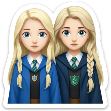 a pretty ravenclaw girl with long dark brown hair and blue eyes standing with a pretty Slytherin girl with long blonde hair, blue eyes sticker