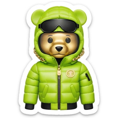 bearbrick in lime balaclava with logos where eye section is a single continuous dark visor lens integrated directly into the mask fabric, not additional eyewear, luxury puffy jacket with fur, gold chains sticker