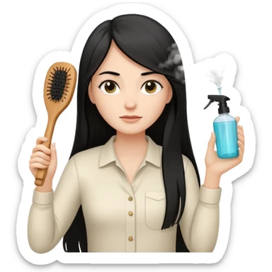 A white woman with long, straight black hair, wearing an ivory-colored shirt, holding a small square wooden paddle hairbrush in her left hand and spraying a hair mist bottle with her right hand toward her hair. sticker