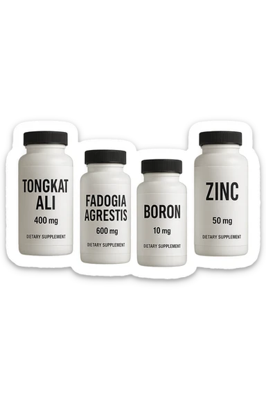 4 boccette di integratore: Tongkat Ali, Fadogia Agrestis, Boron e Zinco fluttuano in aria verticalmente sticker